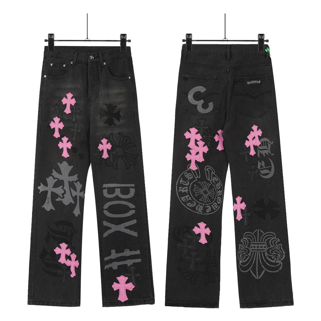 Chrome Hearts color cross leather jeans
