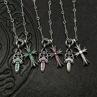 Chrome Hearts gold diamond sword cross double pendant