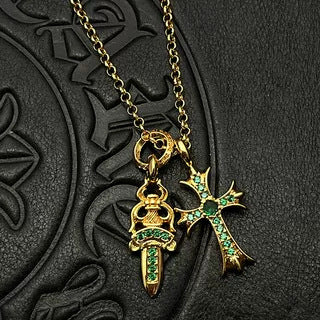 Chrome Hearts gold diamond sword cross double pendant