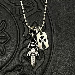 Chrome Hearts Diamond-Inlaid Sword and Dog Tag Double Pendant