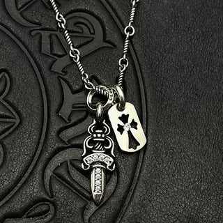 Chrome Hearts Diamond-Inlaid Sword and Dog Tag Double Pendant