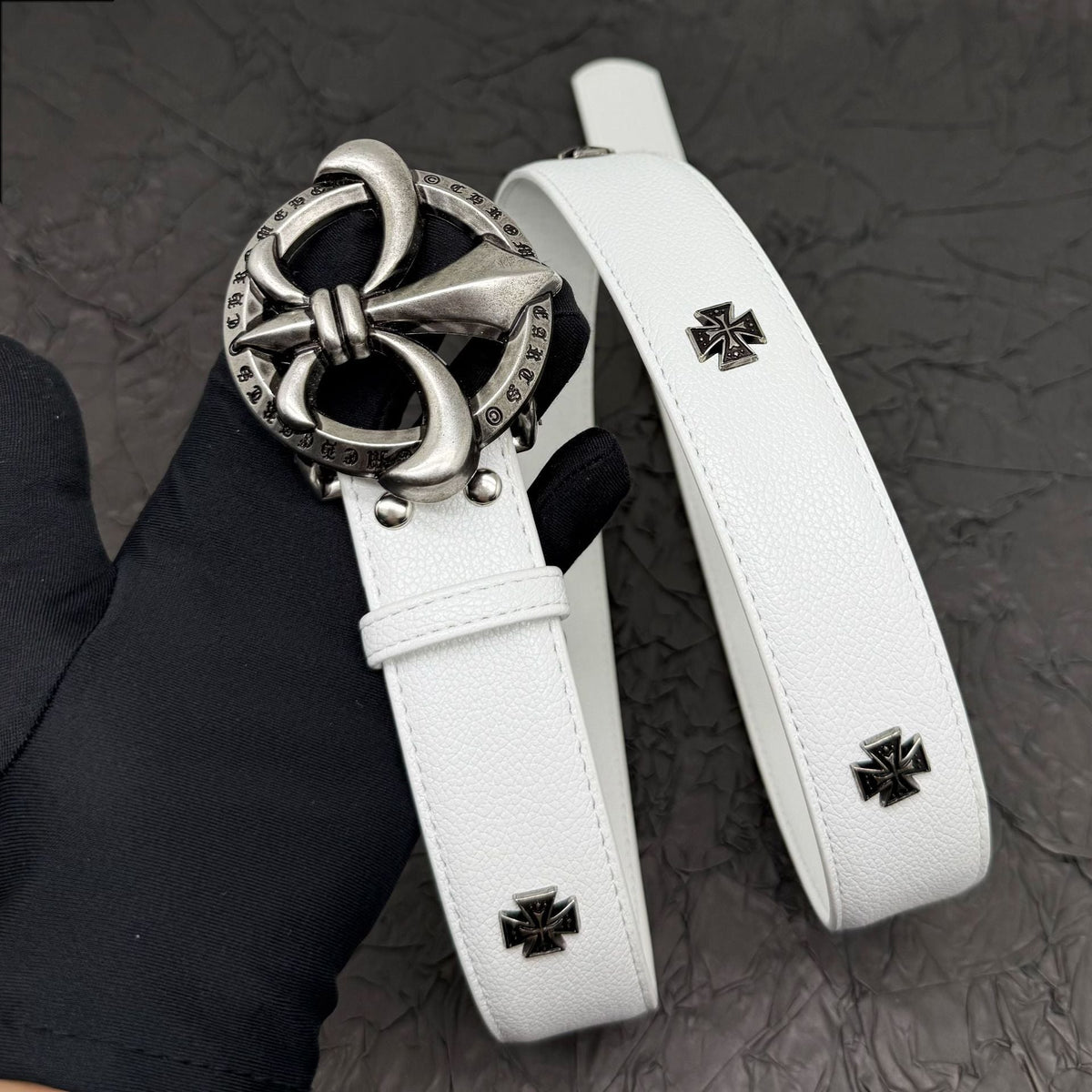 Chrome Hearts Belt with Cross Rivets and Tongue Buckle
