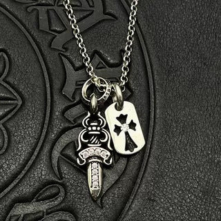 Chrome Hearts Diamond-Inlaid Sword and Dog Tag Double Pendant