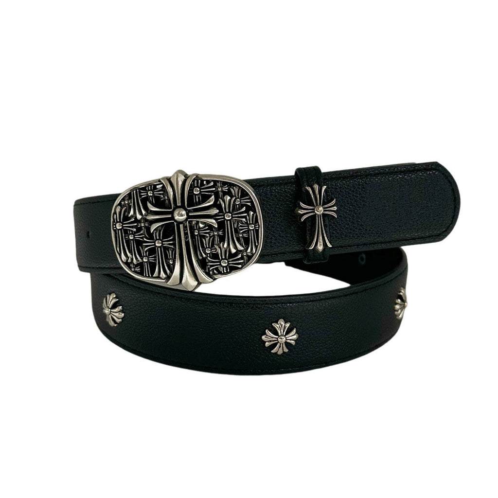 Chrome Hearts Cemetery Cross Classic PU Leather Belt with Rivets