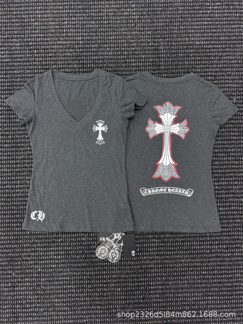 Chrome Hearts Print V-Neck Slim Fit Sexy Style Short-Sleeve