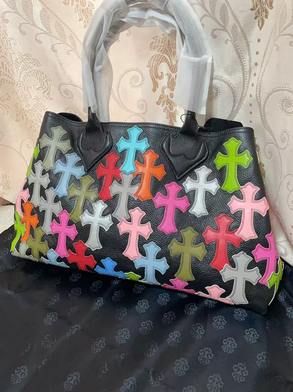 Chrome Hearts Genuine Leather Handbag with Floral Pattern