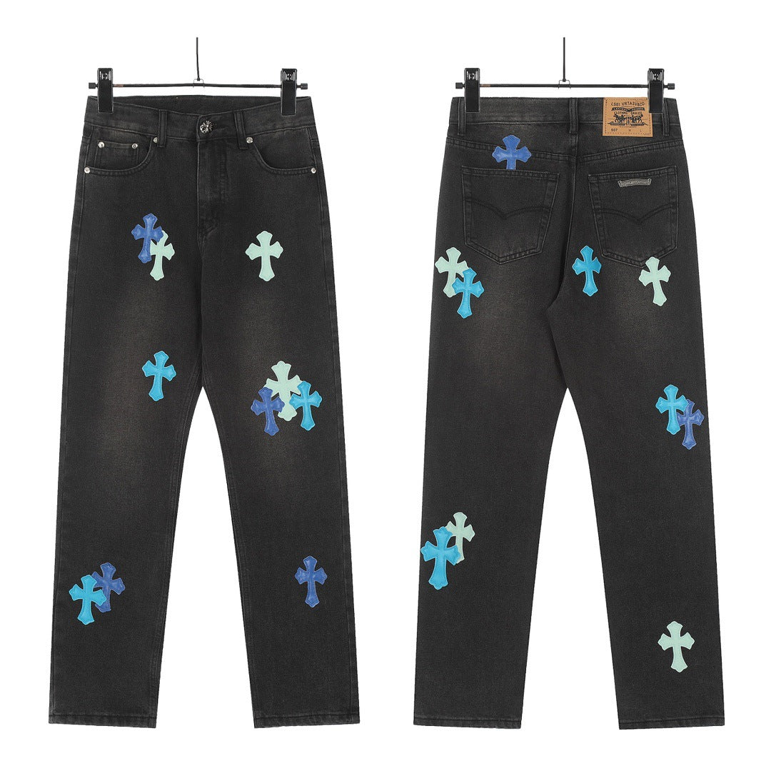 Chrome Hearts Classic Color Cross Leather Jeans