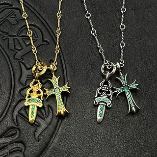 Chrome Hearts gold diamond sword cross double pendant