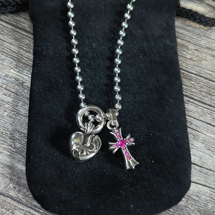 chrome hearts pink diamond cross love bead necklace