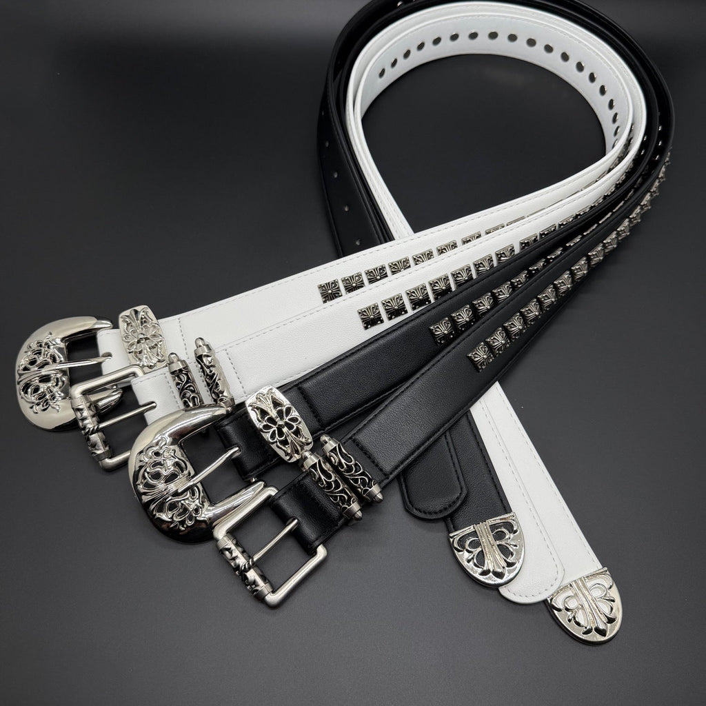 Chrome Hearts cross studded hollowed-out pin buckle leather belt.